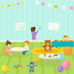 Kids playroom with light furniture decor playground and toys on the floor carpet decorating flat style cartoon comfortable interior vector illustration.
