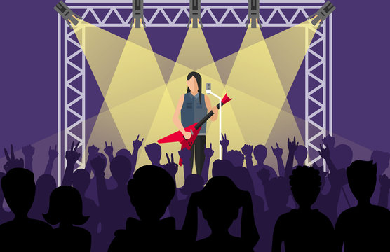 Concert pop group artists on scene music stage night and young rock metall band crowd in front of bright nightclub stage lights vector illustration.
