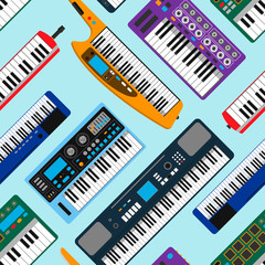 Synthesizer piano musical equipment seamless pattern vector illustration.