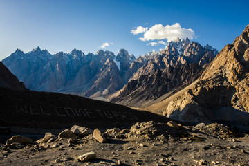 View of stunning mountains along the Karakoram Highway in western China and northern Pakistan