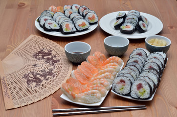 maki sushi rolls and nigiri sushi japan food on the table