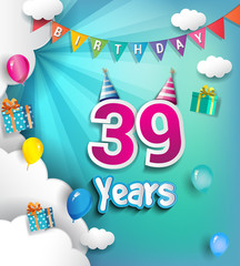 39 years Birthday Celebration Design, with clouds and balloons. using Paper Art Design Style.