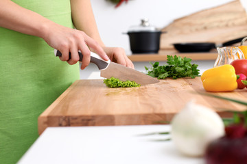 Close up of  woman's hands cooking in the kitchen. Housewife slicing ​​fresh salad. Vegetarian and healthily cooking concept