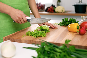 Close up of  woman's hands cooking in the kitchen. Housewife slicing ​​fresh salad. Vegetarian and healthily cooking concept