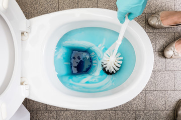 Person Cleans A Toilet With A Scrub Brush