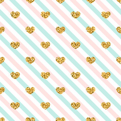 Gold heart seamless pattern. Golden glitter love confetti hearts on white blue pink line background. Diagonal stripe. Design Valentine day, wedding wallpaper. Holiday texture Vector illustration