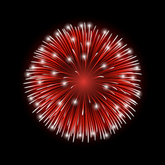 Firework red bursting isolated background. Beautiful night fire, explosion decoration, holiday, Christmas, New Year, birthday. Symbol festival, American 4th july celebration. Vector illustration