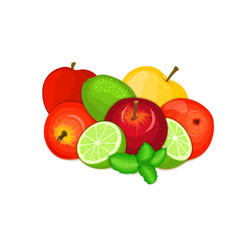 Vector composition of a few apples citrus lime and mint leaves Yellow, red and green apple fruits whole and slice tropical lemon fruit with pepper mint leaf for design of juice breakfast.,vegan food.