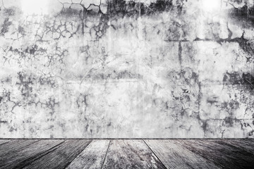 Old white concrete texture background with wooden board. Abstract background.