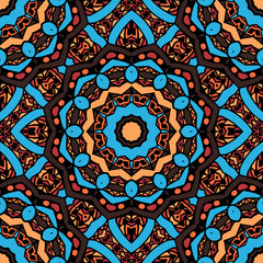 Mandala texture in bright colors. Seamless pattern on indian style. Abstract vector background