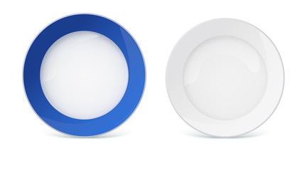 Fototapeta premium Porcelain plates with reflexes and reflections on white background, closeup. White plate without pattern and platter with a blue border