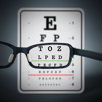 Eye test chart and eyeglasses. 3D illustration