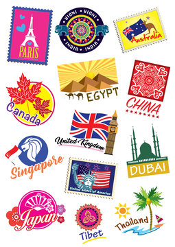 World country travel landmark label set