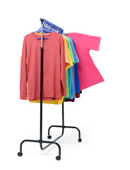 Mobile rack with color clothes on white background. File contains a path to isolation. 