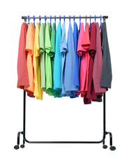 Mobile rack with color clothes on white background. File contains a path to isolation. 