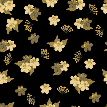 Hand-drawn seamless flower pattern. Abstract simple golden flowers on black background. Floral vintage background for textile, cover, wallpaper, gift packaging, printing, scrapbooking. © mrnvb