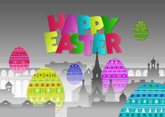 Panorama of black-and-white old city in the fog and huge colorful painted flying eggs. Colored paper  inscription "Happy Easter." Concept for greeting card, web template, poster, background.