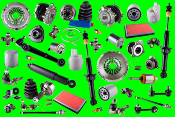 Spare auto parts car on the green background. Set with many isolated items for shop or aftermarket. Chroma key, greenscreen