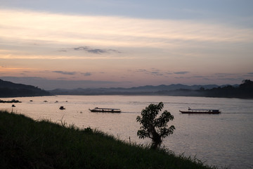 View of Mekong River with mountains at Chiang Khan District, Loei Province, northeastern Thailand