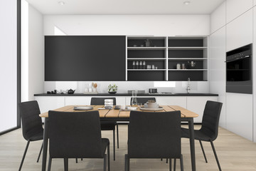 3d rendering black and white loft dining room and kitchen