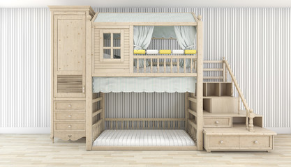 3d rendering white nice wood kid room
