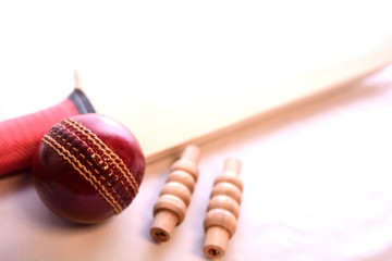 Cricket bat, ball and bails on isolated white background