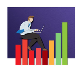Business man sitting on the graph background. cartoon paper art cut style. vector illustration graphic design.