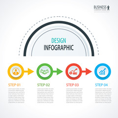 Business timeline infographics with 4 circles steps number options. Can be used for workflow layout, diagram, data, banner, web design.