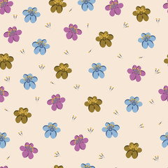 Hand-drawn seamless flower pattern. Abstract simple flowers on beige background. Floral vintage background for textile, cover, wallpaper, gift packaging, printing, scrapbooking.
