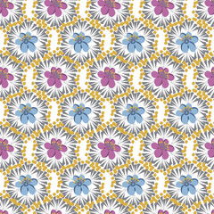 Hand-drawn seamless flower pattern. Abstract simple flowers in a hexagonal cells. Floral vintage background for textile, cover, wallpaper, gift packaging, printing, scrapbooking.