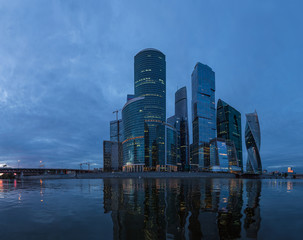 Obraz premium skyscraper, skyline, landmark, tall, tower, moscow, view, urban, office, modern, business, blue, city, architecture, built, international, moskva, house, construction, cityscape, complex, outdoor, des