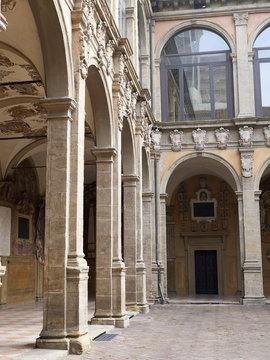 tower and courtyard of Archiginnasio palace - the first official headquarters for the University