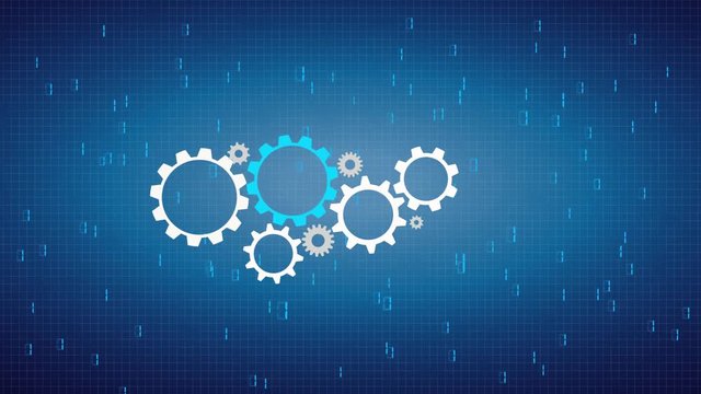 Human head with gears on the blue background with data animation.