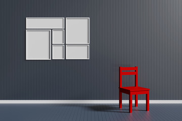 Red chair in a wood grey color room and picture frame on the wall , 3D rendering