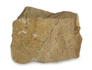 Sandstone mineral stone  is composed of quartz and/or feldspar. Sandstone (arenite) is a clastic sedimentary rock composed mainly of sand-sized minerals or rock grains. Isolated on white background.