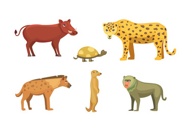 African animals cartoon vector set. elephant, rhino, giraffe, cheetah, zebra, hyena, lion, hippo, crocodile, gorila and outhers. safari isolated illustratio.
