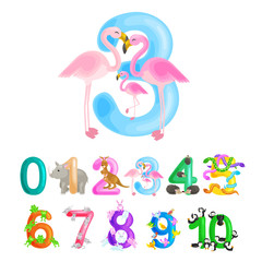 ordinal number 3 for teaching children counting three flamingos with the ability to calculate amount animals abc alphabet kindergarten books or elementary school posters collection vector illustration