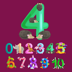 ordinal number 4 for teaching children counting four hedgehogs with the ability to calculate amount animals abc alphabet kindergarten books or elementary school posters collection vector illustration