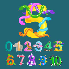 ordinal number five for teaching children counting snake with the ability to calculate amount 5 animals abc alphabet kindergarten books or elementary school posters collection vector illustration