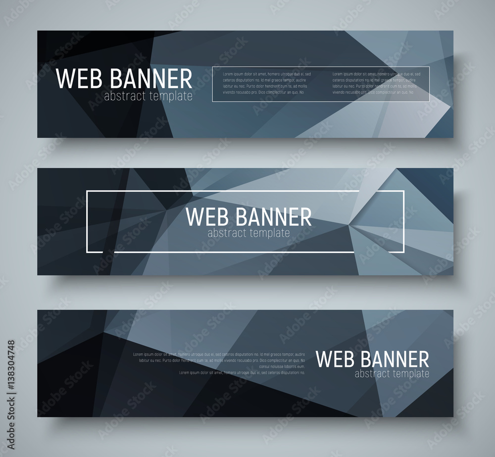 Poster set of horizontal banners with abstract black polygonal texture