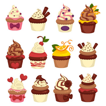 Cakes and cupcakes pastry or bakery vector template icons