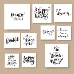 Lettering cards - various black ink hand drawn prints. Vector illustration.
