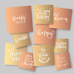 Lettering cards - various white ink hand drawn prints on a metallic foil background. Vector illustration.