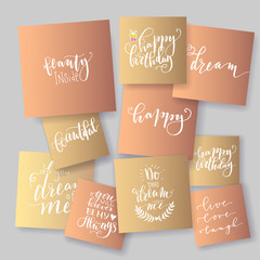 Naklejka premium Lettering cards - various white ink hand drawn prints on a metallic foil background. Vector illustration.