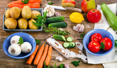 Raw organic vegetables and fruits.