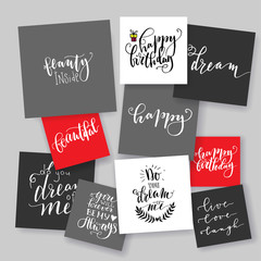 Lettering cards - various hand drawn prints. Vector illustration.