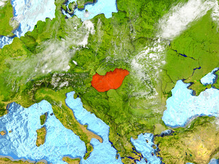 Hungary on map with clouds