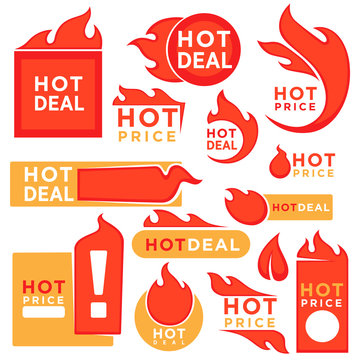 Hot price tags with fire symbol set isolated on white