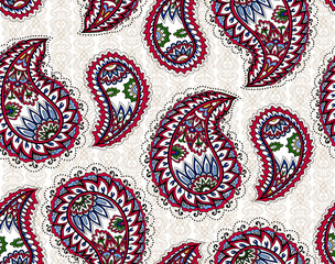 Vintage paisley seamless pattern. Ethnic ornament. Stylized decorative tribal painting. Traditional handcraft. Seamless texture in bright colors. Vector illustration.