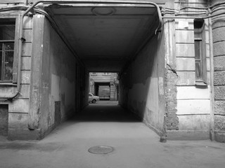 Yard with gateway at Saint Petersburg, Russia black and white